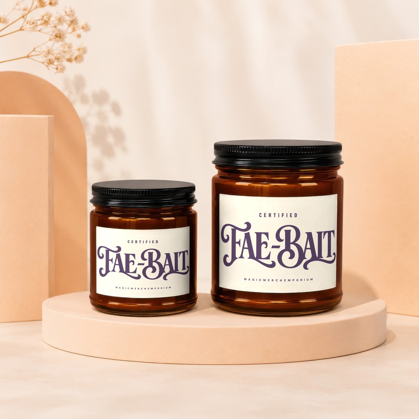 Two glass jars labeled "Fae-Bait" by MagicMerchemporium sit on display pedestals.