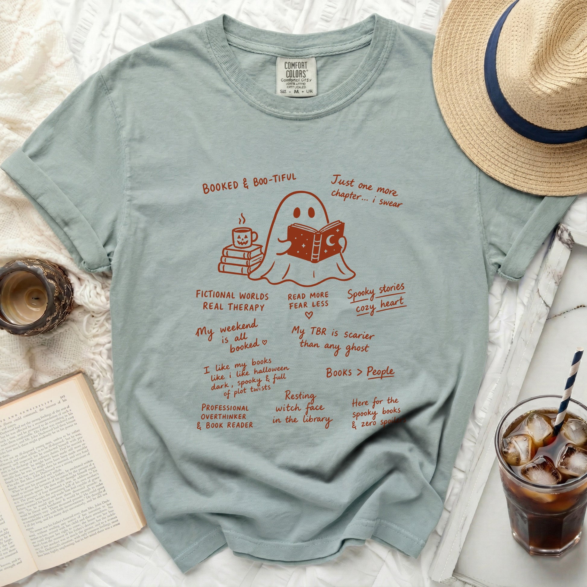 Comfort Colors t-shirt with ghost reading books and bookish phrases.