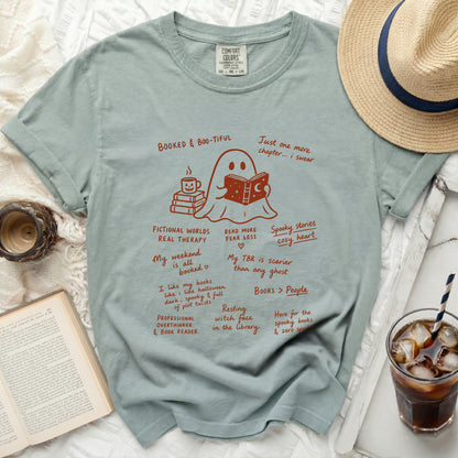 Comfort Colors t-shirt with ghost reading books and bookish phrases.