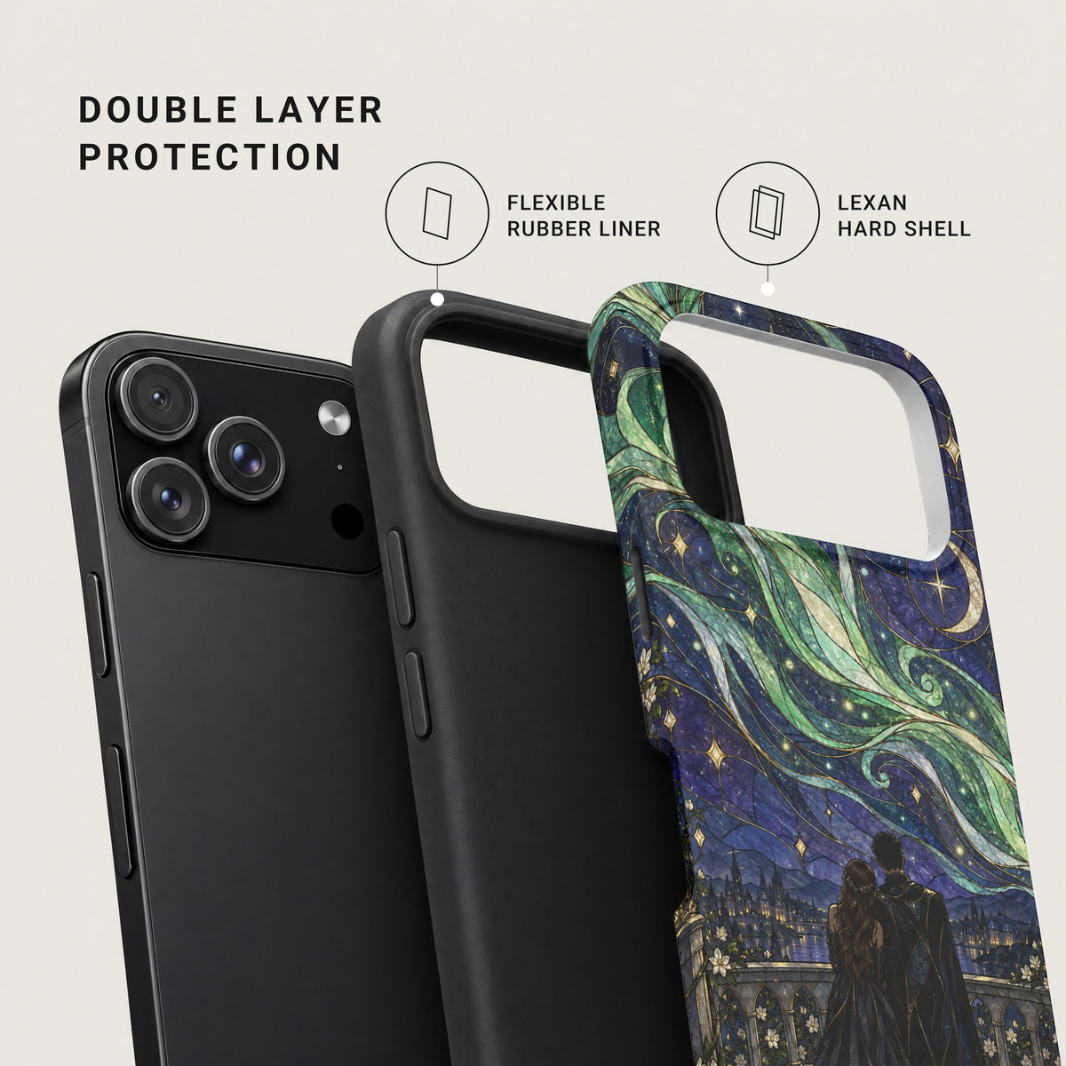 An exploded view diagram of a phone case showing double layer protection with a flexible rubber liner and a Lexan hard shell.