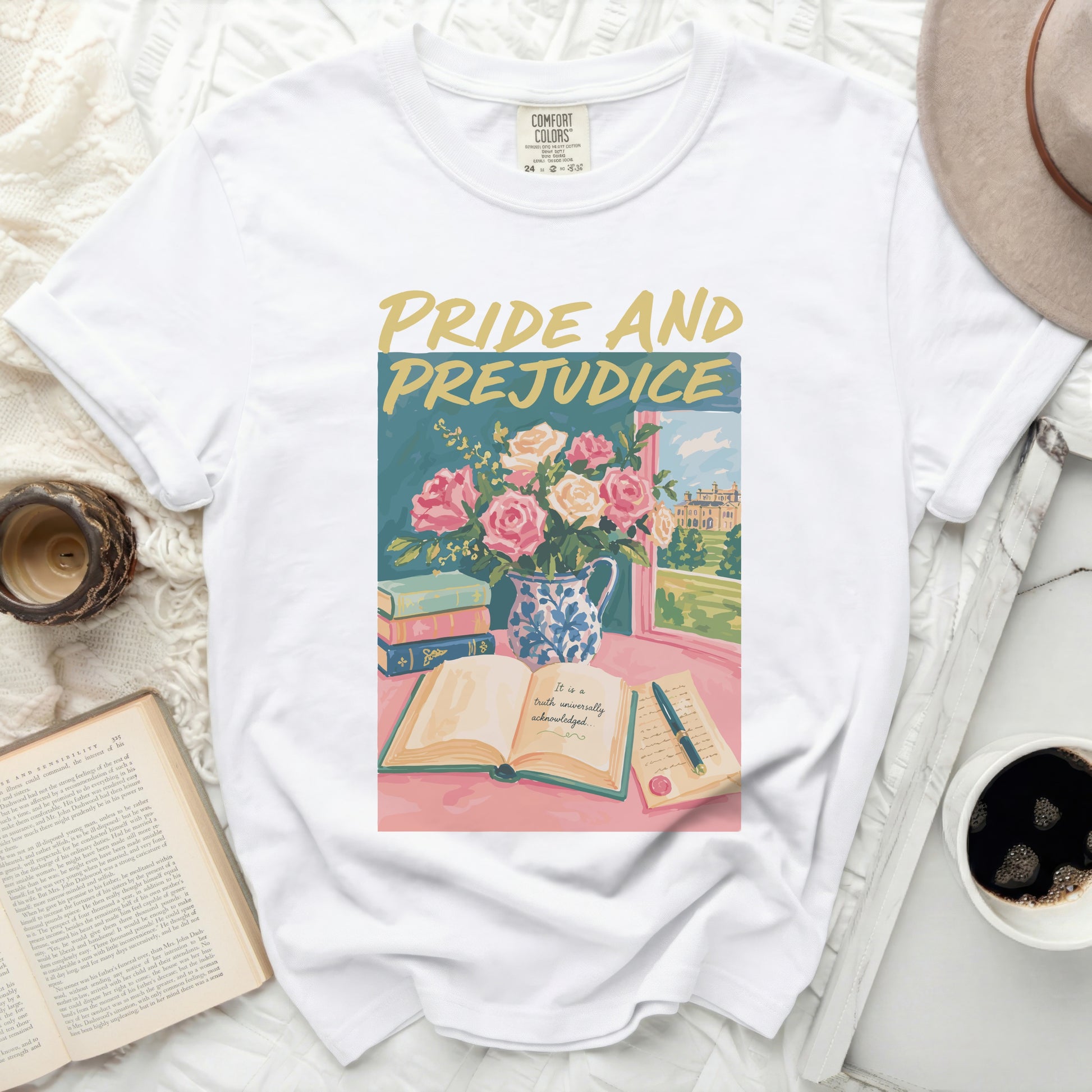 White t-shirt with "Pride and Prejudice" text and floral illustration.