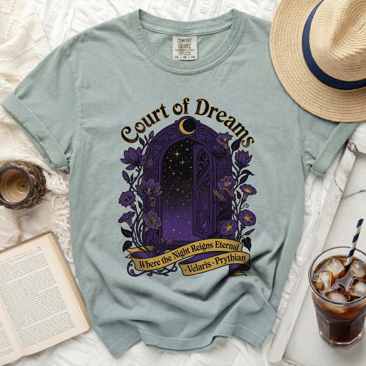 Court of Dreams t-shirt with purple floral arch, stars, and text "Velaris Prythian".