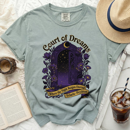 Court of Dreams t-shirt with purple floral arch, stars, and text "Velaris Prythian".