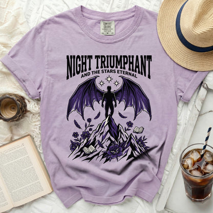 Night Triumphant and the Stars Eternal graphic t-shirt with winged figure.