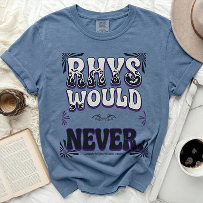 Blue t-shirt with "RHYS WOULD NEVER" and bats in black and purple font.
