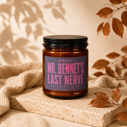Brown glass candle with black lid, "Mr. Bennet's Last Nerve" text.