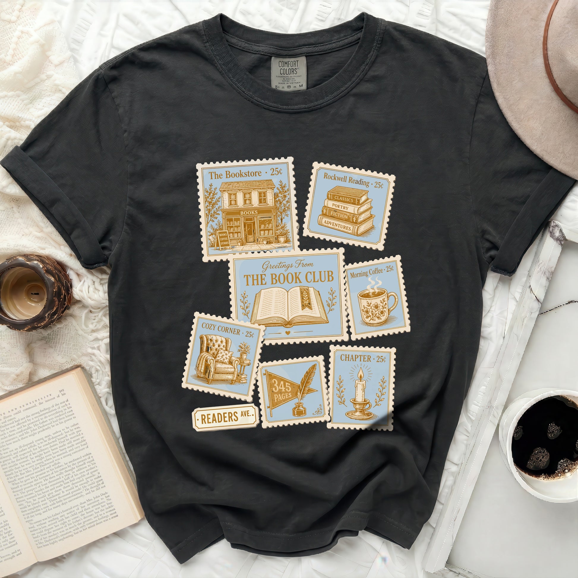 T-shirt featuring postage stamps with bookstore, reading, and coffee themes.