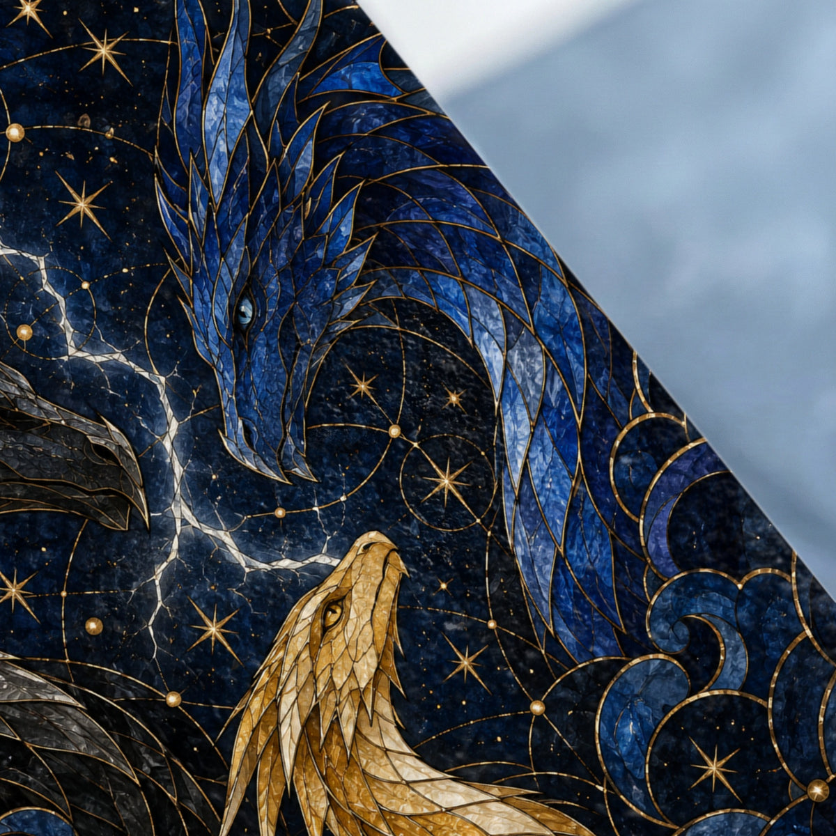 Blue and gold dragons with celestial patterns against a dark starry background.