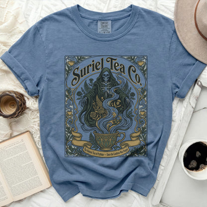 Suriel Tea Co. Grim reaper skeleton in robe with steaming teacup graphic.