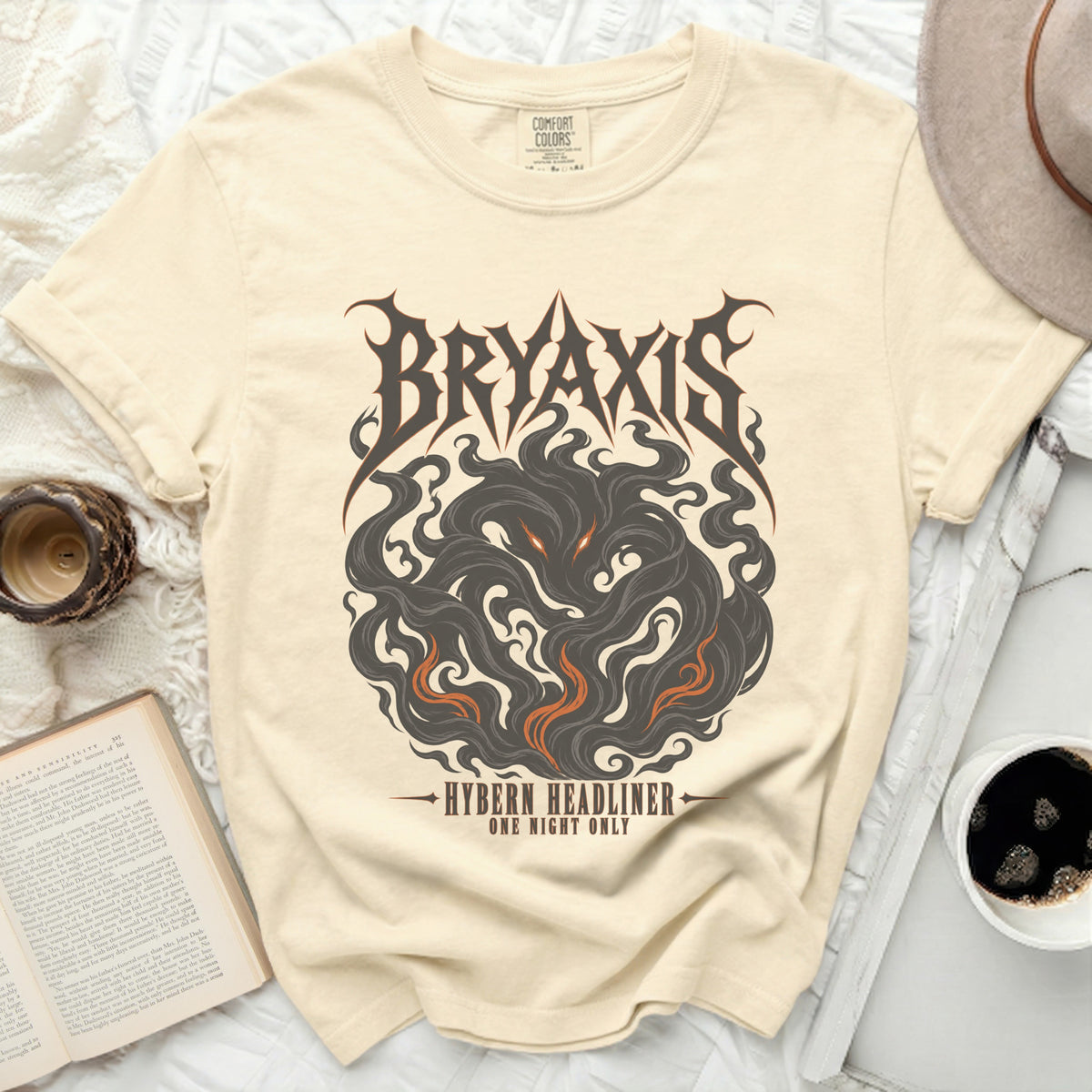 Cream comfort colors t-shirt with "BRYAXIS HYBERN HEADLINER ONE NIGHT ONLY" graphic.