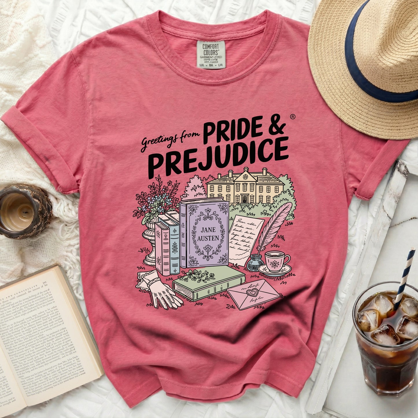 Pink t-shirt with Pride and Prejudice illustration and text.