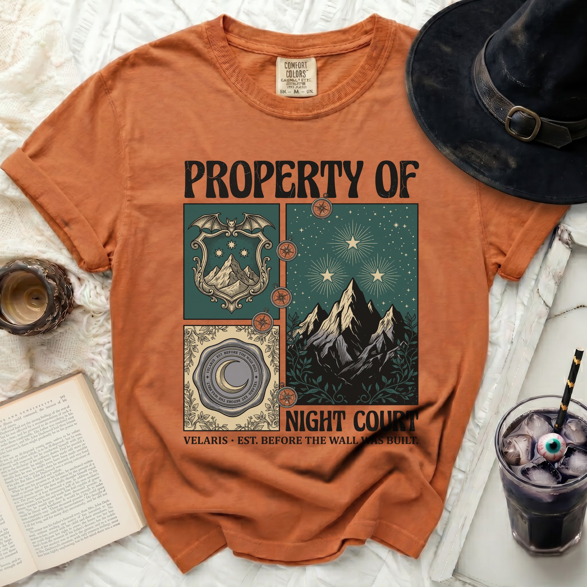 Orange t-shirt with "Property of Night Court" and crest designs.