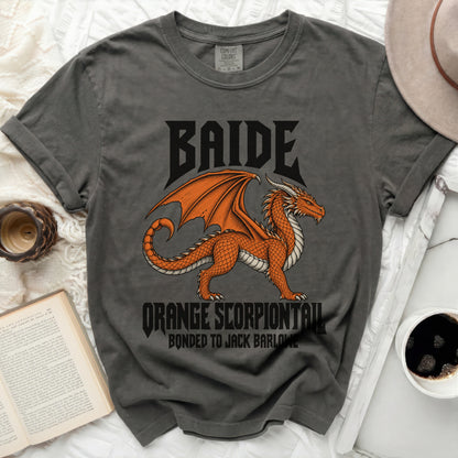 Dark gray t-shirt with black text "BAIDE" and an orange dragon design.