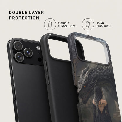An exploded view of a phone case showing a flexible rubber liner and a Lexan hard shell.