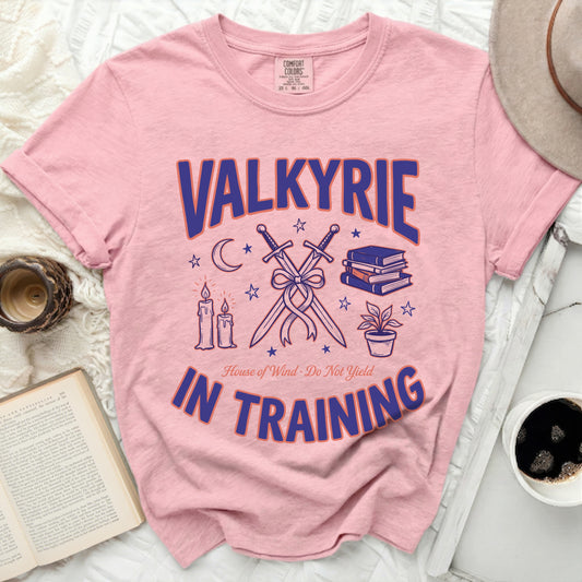 Pink t-shirt with Valkyrie in Training text, crossed swords, crescent moon, lit candles, books, and stars.