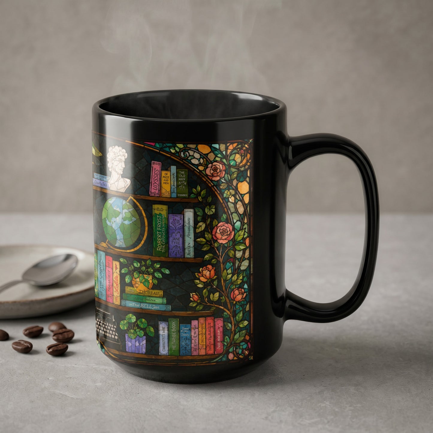 Black mug with stained glass art of bookshelves, globe, bust, and roses.