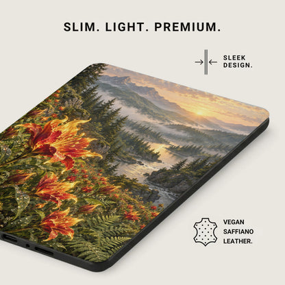 Phone case with a sunrise mountain landscape and close-up flowers, vegan saffiano leather.