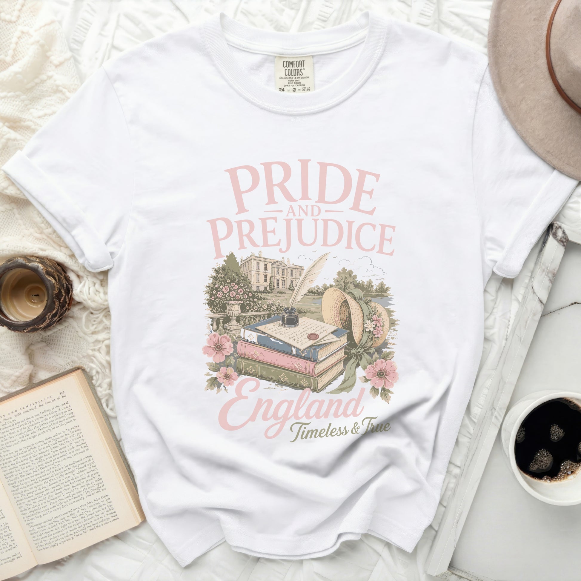 White t-shirt with "Pride and Prejudice England Timeless & True" graphic.