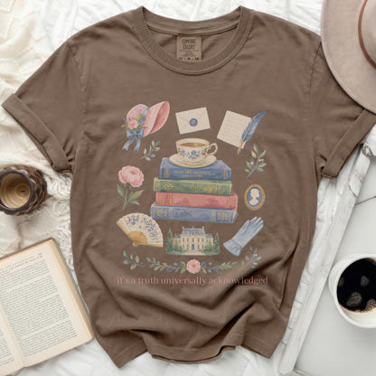 Brown t-shirt with literary and vintage illustrations and text.