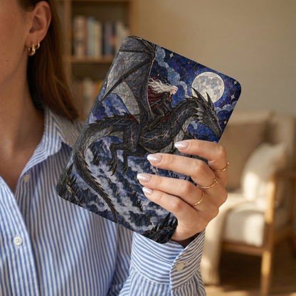 Book cover with a dragon and rider under a full moon.