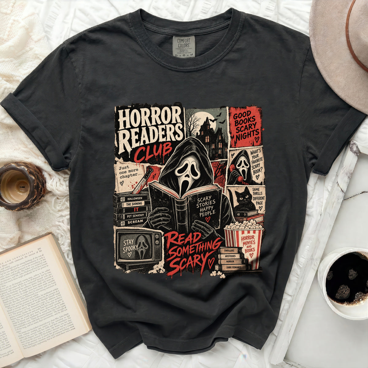 Dark t-shirt with "Horror Readers Club" graphic featuring Ghostface reading.