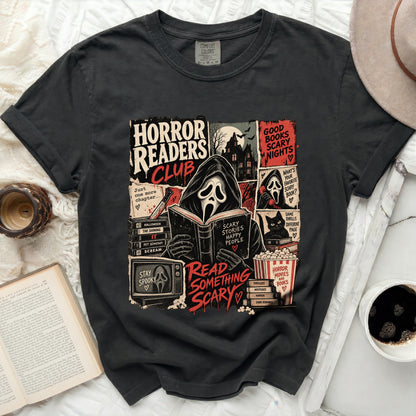 Dark t-shirt with "Horror Readers Club" graphic featuring Ghostface reading.