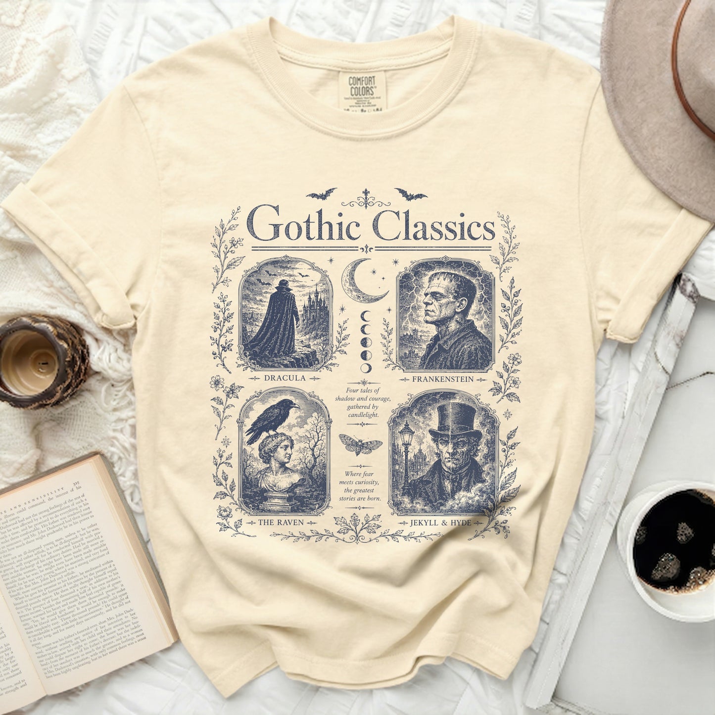 Gothic Classics t-shirt with illustrations of Dracula, Frankenstein, The Raven, and Jekyll & Hyde.