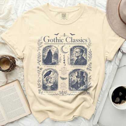 Gothic Classics t-shirt with illustrations of Dracula, Frankenstein, The Raven, and Jekyll & Hyde.