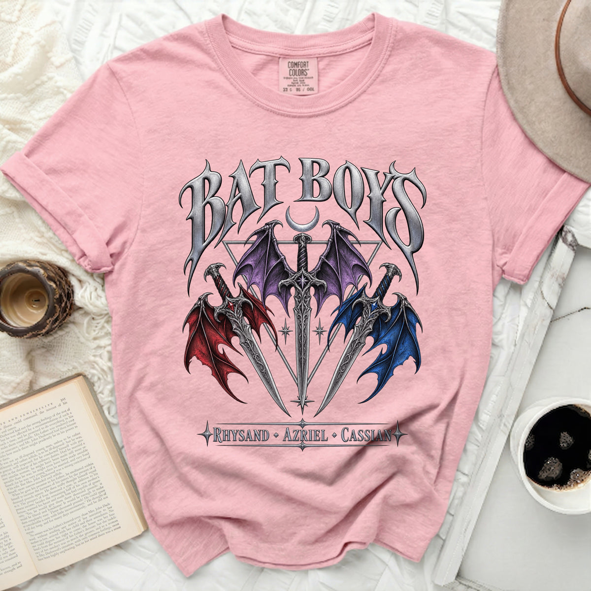 Pink t-shirt with "BAT BOYS" graphic, swords, and wings.