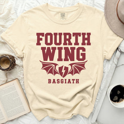 Cream t-shirt with "FOURTH WING BASGIATH" and winged shield graphic.