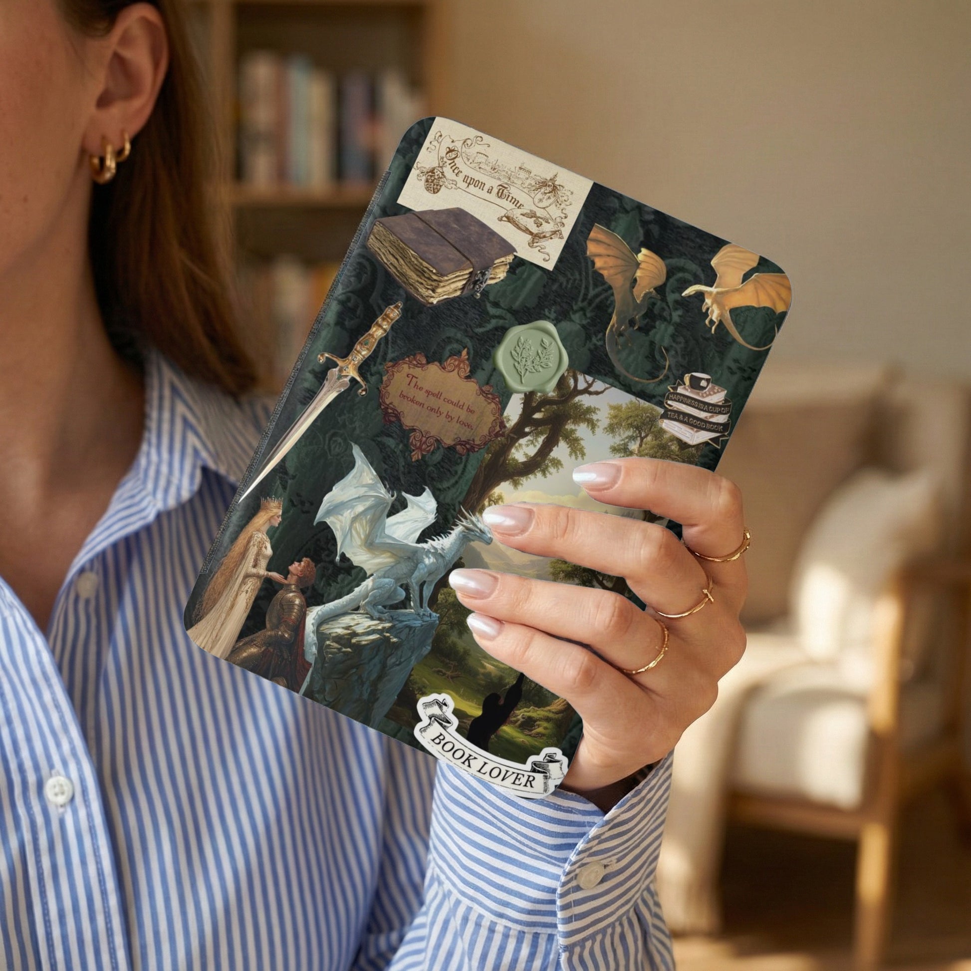 Notebook with dragons, knights, and book-themed text "Book Lover".