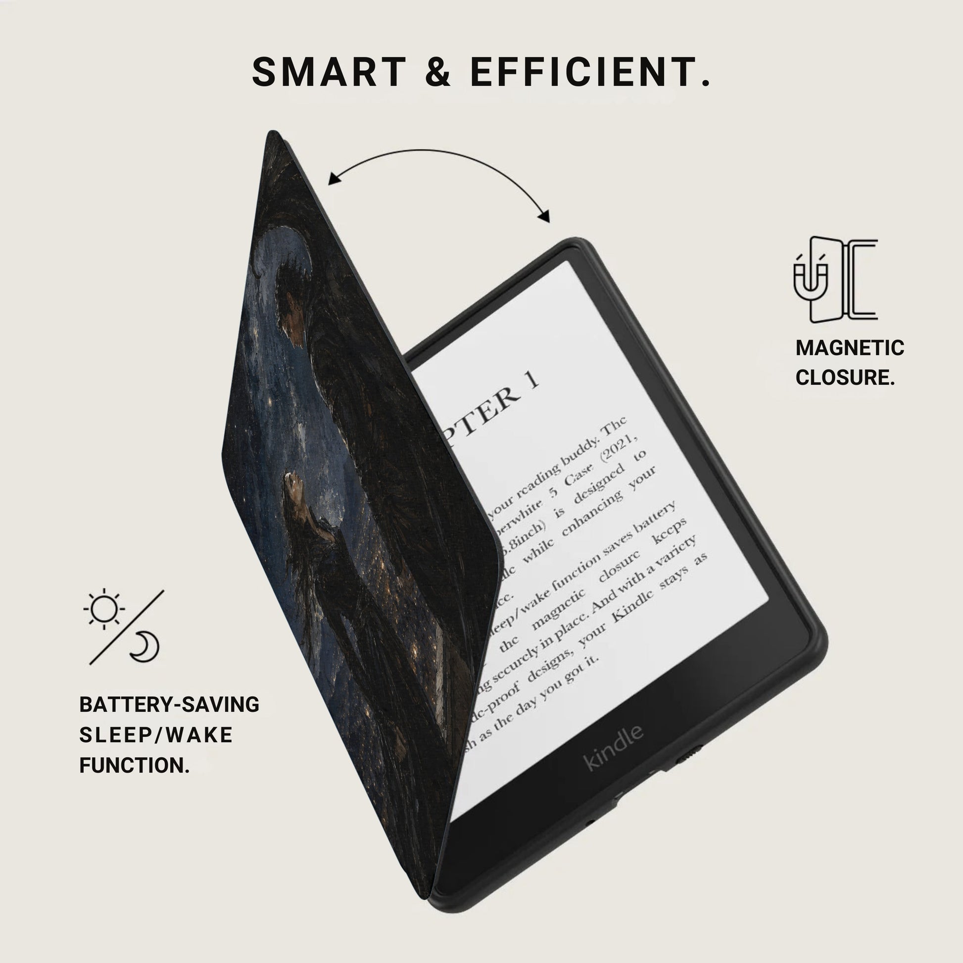 Kindle with battery-saving and magnetic closure functions, showing "Chapter 1".