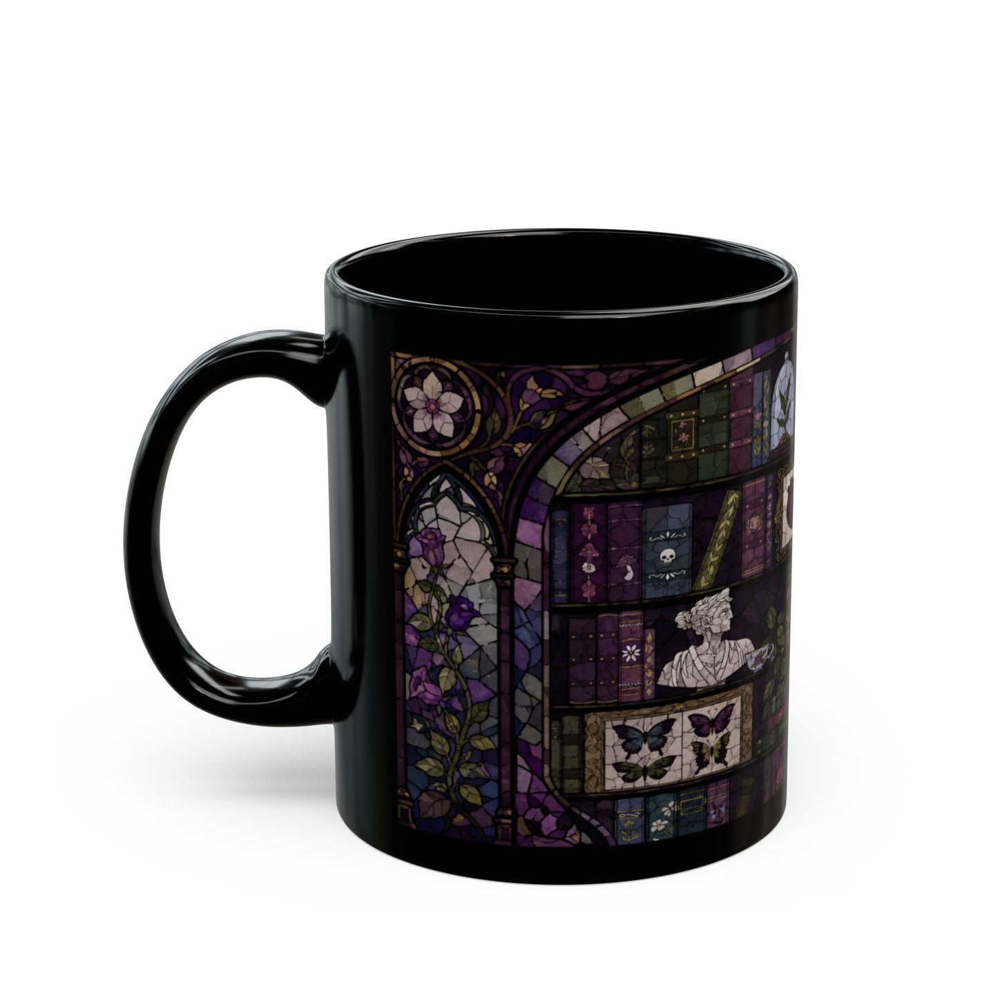 Black mug with stained glass design of books, flowers, and butterflies.
