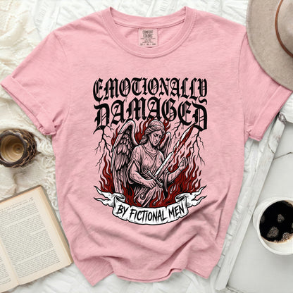 Pink t-shirt with gothic text "Emotionally Damaged" and an angel with a sword.