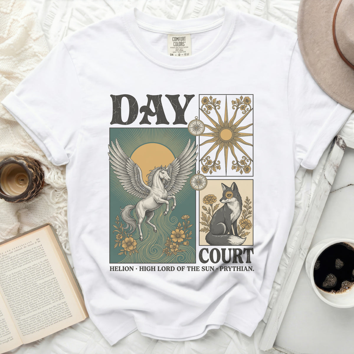 White t-shirt with "DAY COURT" and mythological graphics of Pegasus and a fox.