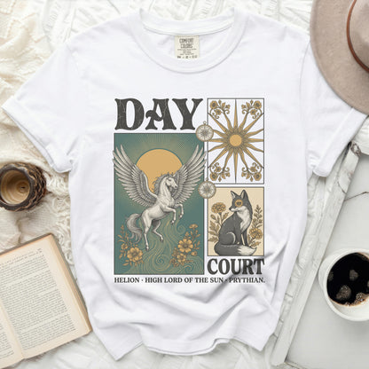 White t-shirt with "DAY COURT" and mythological graphics of Pegasus and a fox.