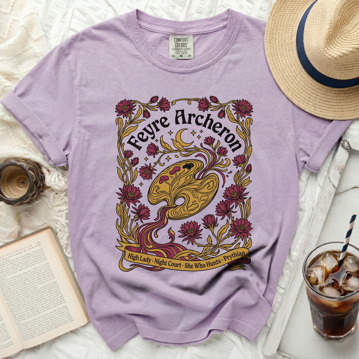 Lavender t-shirt with "Feyre Archeron High Lady Night Court She Who Hunts Prythian" graphic.