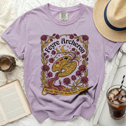 Lavender t-shirt with "Feyre Archeron High Lady Night Court She Who Hunts Prythian" graphic.