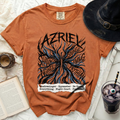 Orange shirt with "Azriel", "Shadowsinger", and "Night Court" text graphic.