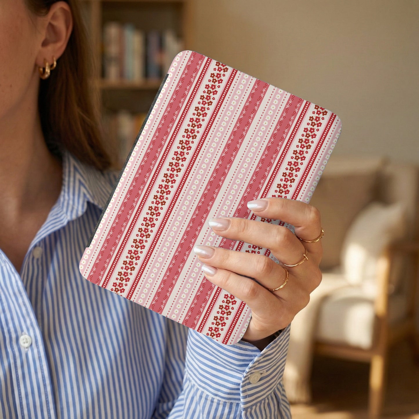 Pink and White Striped Floral Pattern Hardcover Notebook