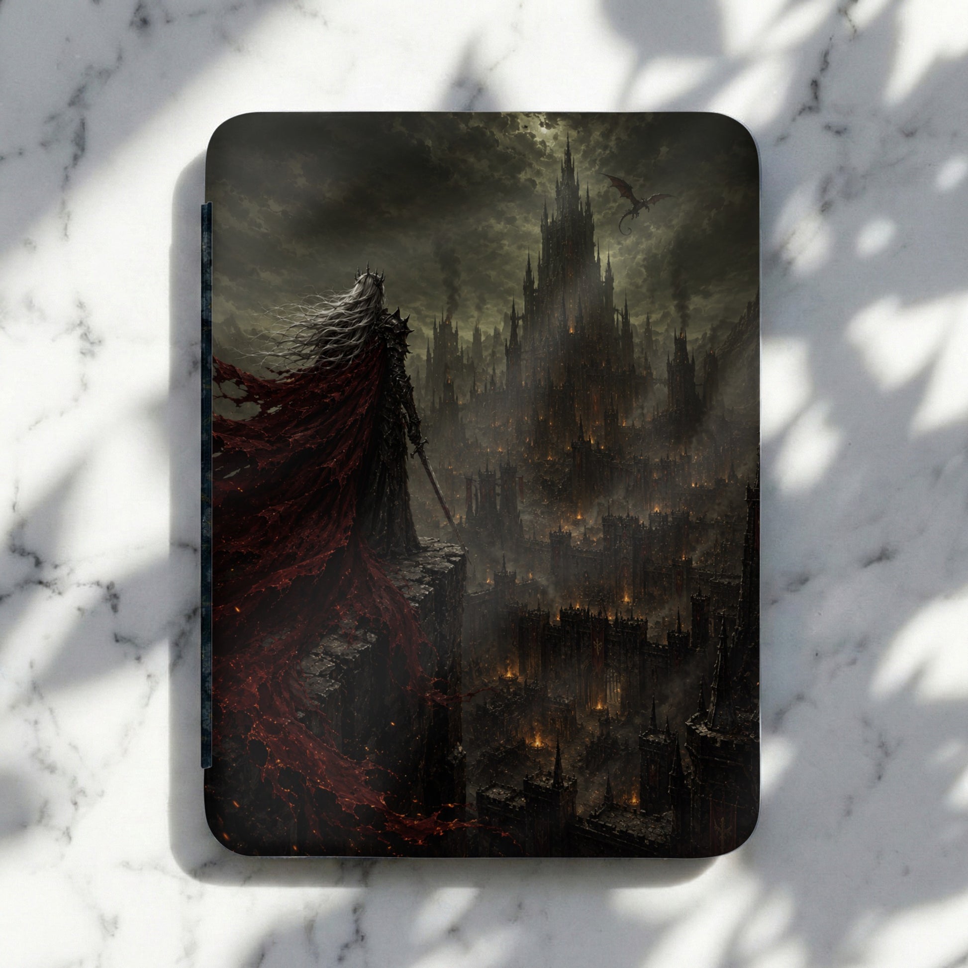 Dark fantasy art shows a crowned figure with a red cape overlooking a sprawling, dark city with a castle and dragon.
