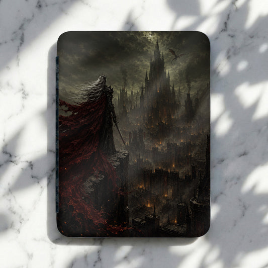 Dark fantasy art shows a crowned figure with a red cape overlooking a sprawling, dark city with a castle and dragon.