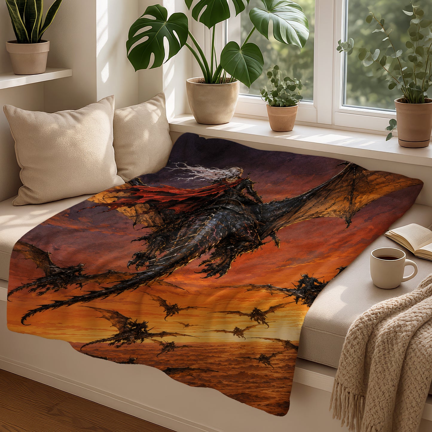 Black dragon with rider flying through a fiery sky alongside many other dragons.