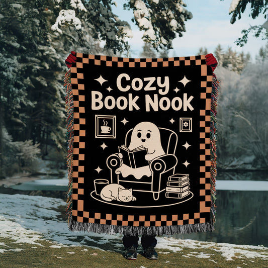 Cozy Book Nook Ghost Woven Blanket