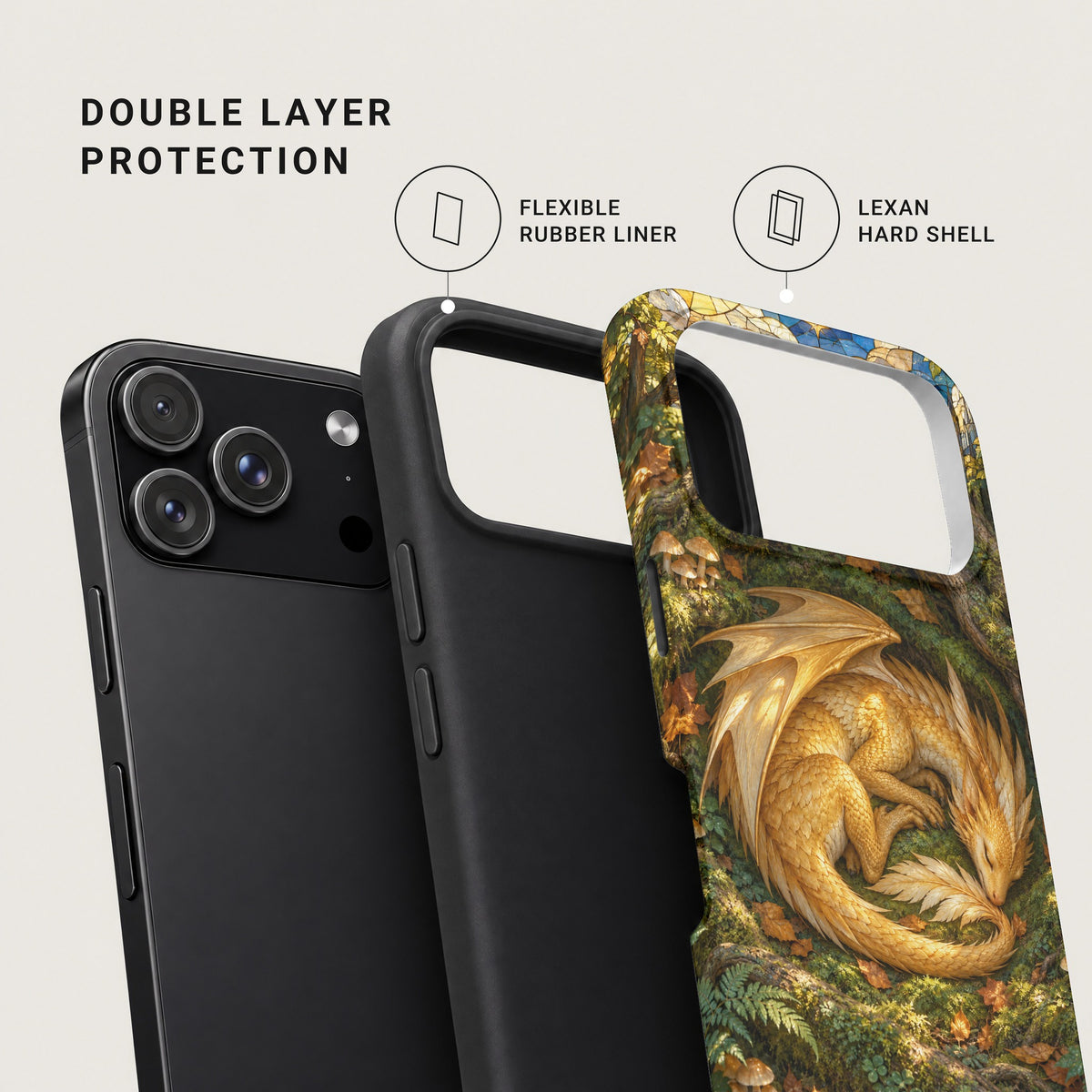 Diagram of a double-layer phone case with a flexible rubber liner and a hard shell.