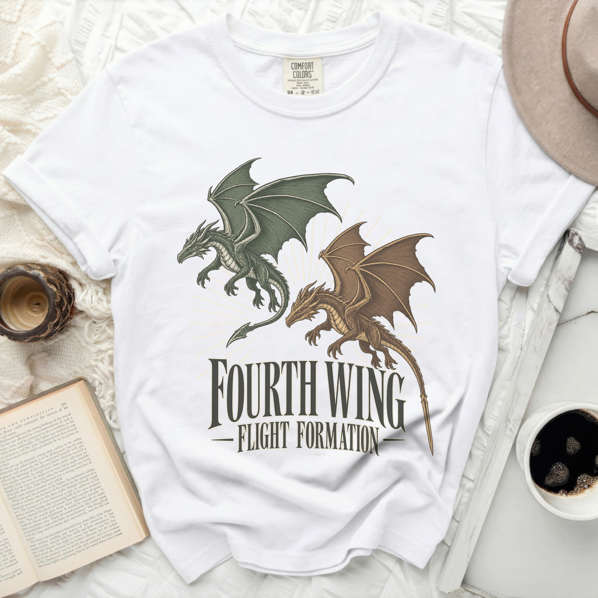 A white t-shirt featuring a green and a brown dragon with the text "Fourth Wing Flight Formation".