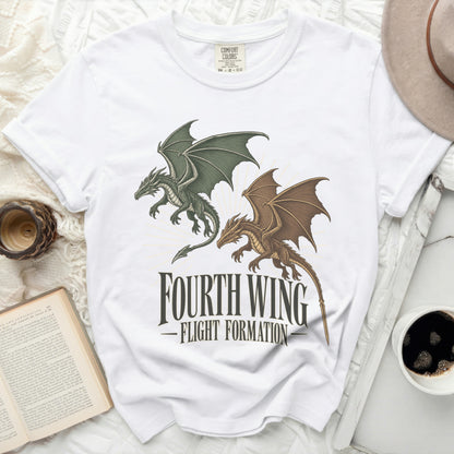 A white t-shirt featuring a green and a brown dragon with the text "Fourth Wing Flight Formation".