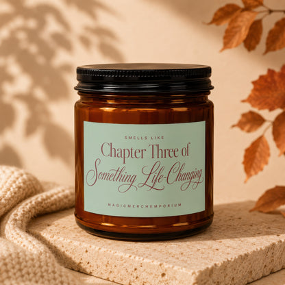 Amber jar candle smelling like Chapter Three of Something Life-Changing.