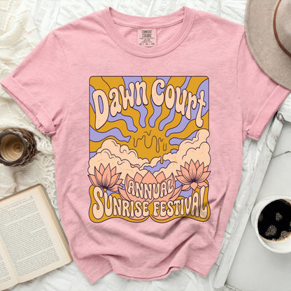 Pink t-shirt with "Dawn Court Annual Sunrise Festival" graphic.