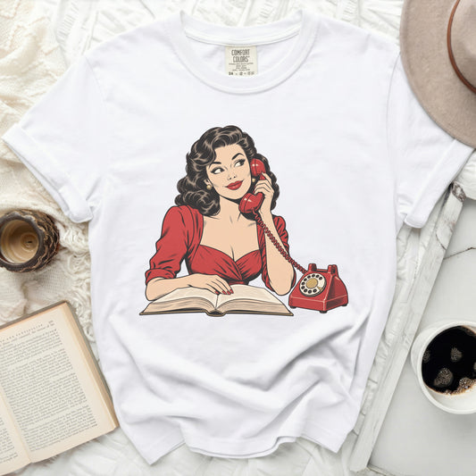 Vintage style illustration of woman on red phone reading open book.